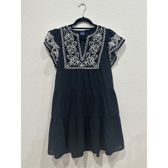 GAP Dresses & Skirts - Gap Womens Black Floral Embroidered Tiered Cotton Gauze Mini Dress L Petite
